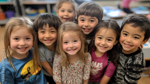 A diverse group of children smiling and working together on a math problem in class. Their enthusiasm for learning is captured realistically,