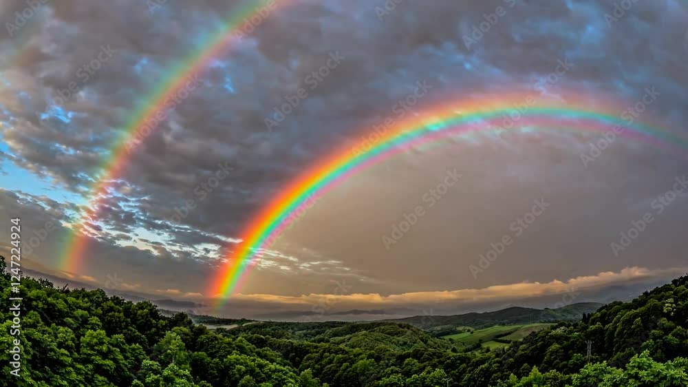  wide-angle scene capturing the breathtaking sight of a double rainbow arching across the sky after a refreshing rainfall.