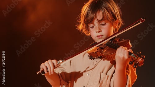 Young Violinist's Passion: A young boy with a serious expression concentrates intently as he plays the violin, the warm stage lights illuminating his face and the instrument.