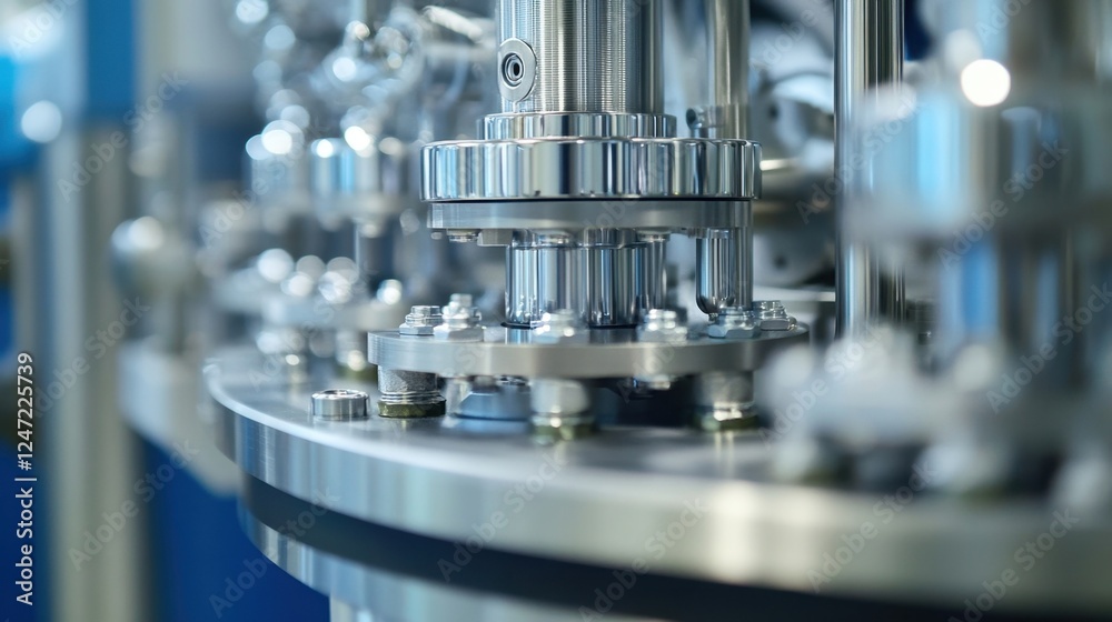 Close up of high tech industrial machinery showcasing precision engineering and complex components, highlighting the role of technology in scientific research and manufacturing processes Close up of high tech industrial machinery showcasing precision engineering and complex components, highlighting the role of technology in scientific research and manufacturing processes
