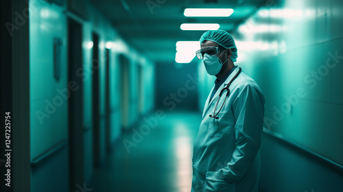 Concerned adult doctor wearing a mask in a hospital hallway – pandemic healthcare scene
