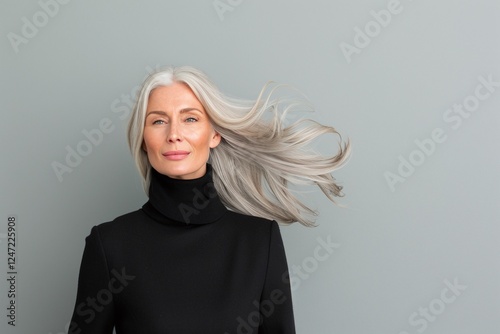 Mature woman with silver hair wearing black turtleneck on grey background. Studio portrait photography. Age positive and beauty concept for design and print. Waist-up composition