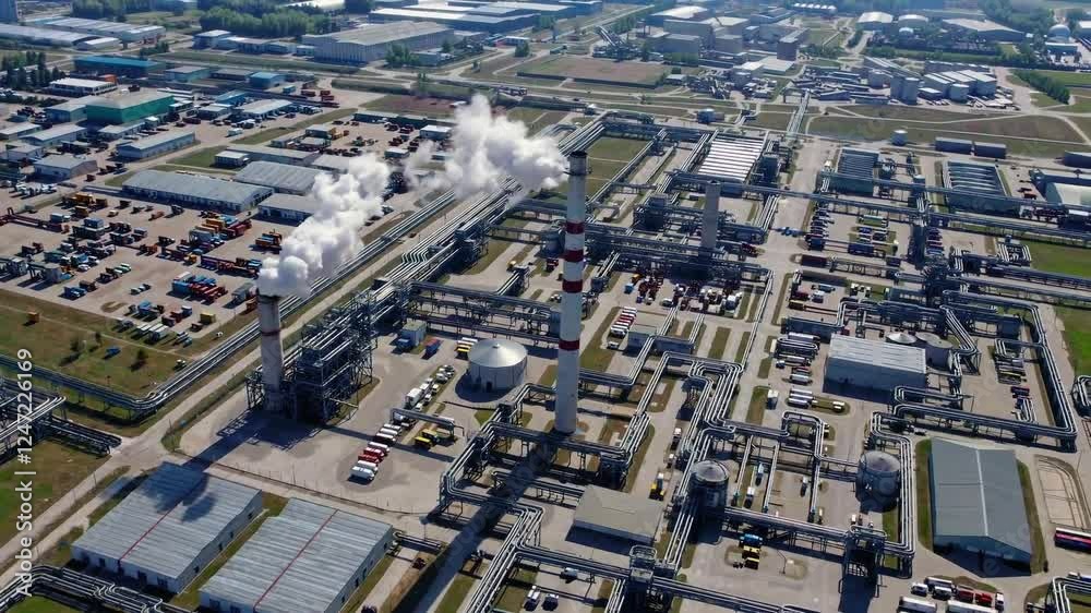 aerial view capturing the vast expanse of a large industrial factory complex, with massive warehouses, towering chimneys, and intricate networks of roads and pipelines stretching across the landscape. aerial view capturing the vast expanse of a large industrial factory complex, with massive warehouses, towering chimneys, and intricate networks of roads and pipelines stretching across the landscape.