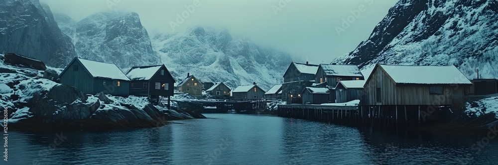 Fototapeta premium Lofoten Islands, Norway in winter with houses on the water 