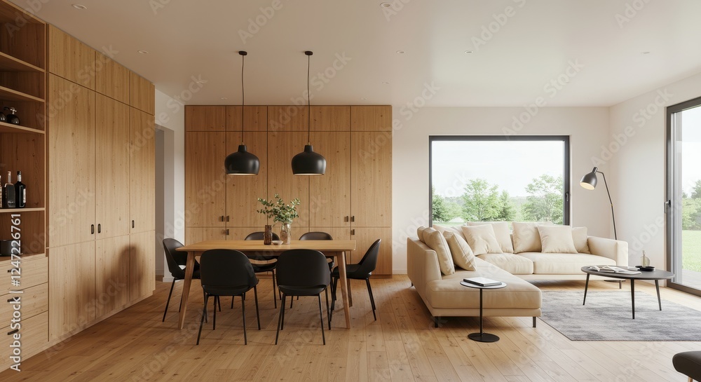 Fototapeta premium A modern open plan living and dining space with a seamless wood theme