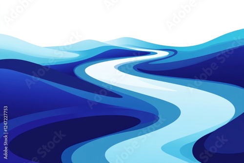 An abstract digital illustration of a winding river flowing through stylized blue hills, using bold and modern design elements