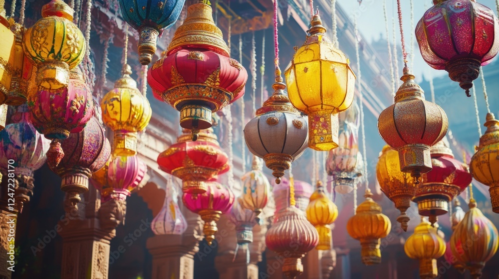 Fototapeta premium A street view at night, filled with strings of vividly colored Chinese lanterns hanging from wooden poles, illuminating the area with a lively atmosphere.