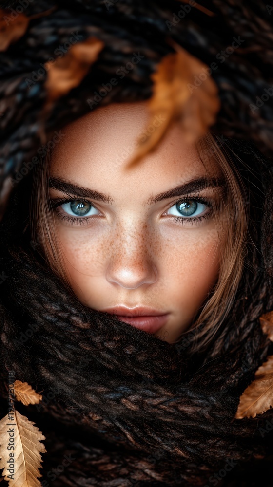 Close-up portrait of a girl with striking blue eyes framed by autumn leaves and a textured scarf Close-up portrait of a girl with striking blue eyes framed by autumn leaves and a textured scarf