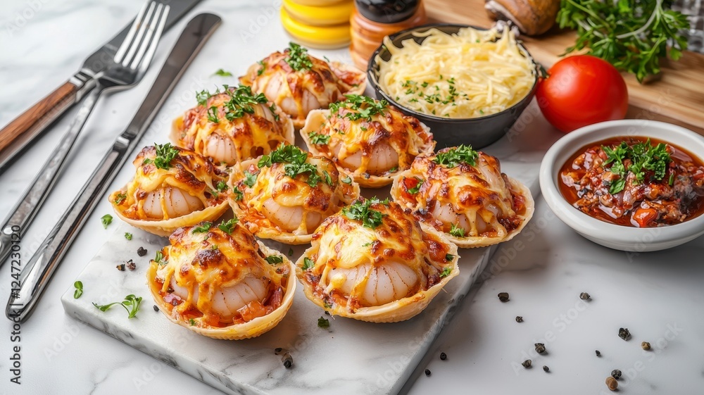 Baked scallops cheese concept. A delicious assortment of baked seafood tarts topped with melted cheese, garnished with herbs, and served with a side of tomato sauce. Baked scallops cheese concept. A delicious assortment of baked seafood tarts topped with melted cheese, garnished with herbs, and served with a side of tomato sauce.