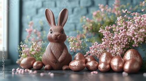 Chocolate Bunny with Easter Eggs Among Flowers