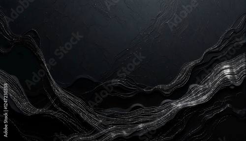Minimalist silver lines gracefully arranged over a black matte background for elegant design
