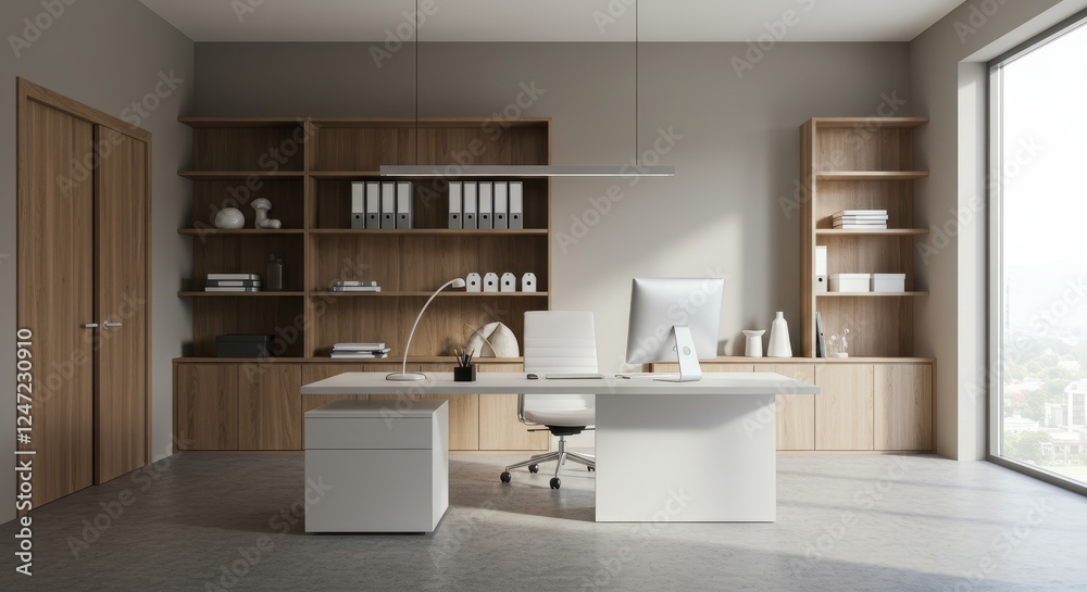 A minimalistic CEO office with a sleek white desk and modern decor A minimalistic CEO office with a sleek white desk and modern decor