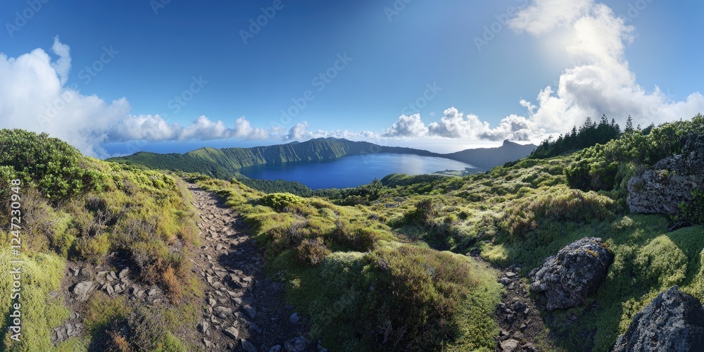 Naklejka premium Panoramic view of nature trail on volcanic island, showcasing stunning mountain backdrop with blue lake in the middle distance.