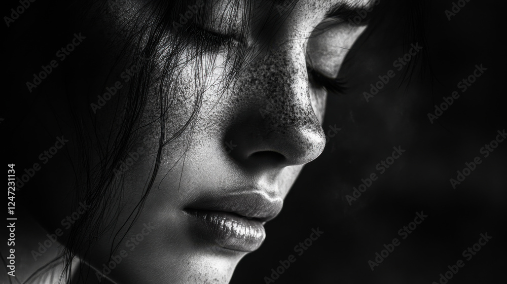 Black and white portrait of a young woman with freckles gazing thoughtfully to the side indoors Black and white portrait of a young woman with freckles gazing thoughtfully to the side indoors