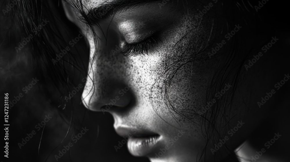 Black and white portrait of a young woman with freckles gazing thoughtfully to the side indoors Black and white portrait of a young woman with freckles gazing thoughtfully to the side indoors