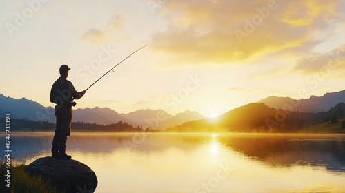 Fototapeta Naklejka Na Ścianę i Meble -  serene scene of man fishing at sunset by tranquil lake, surrounded by mountains