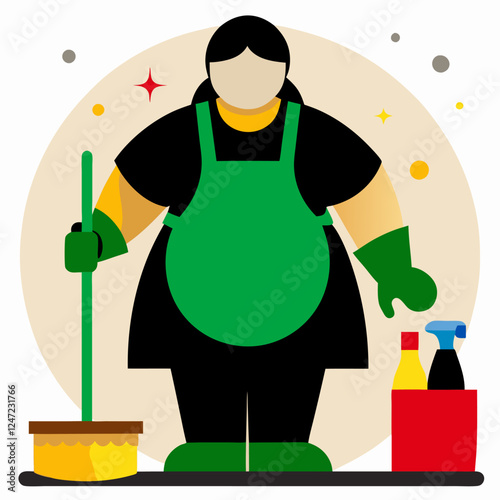 A woman in a blue apron holding a spray bottle and a mop, ready to clean.Vector color illustration in flat style