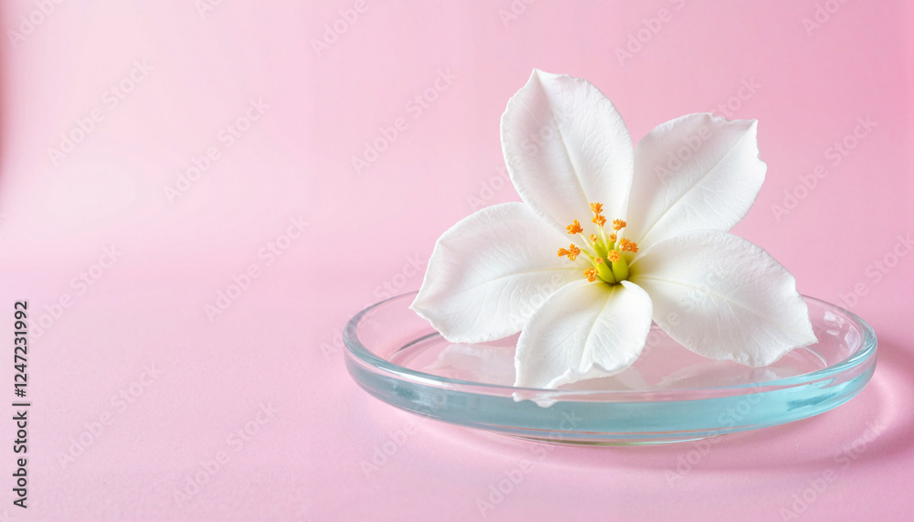 Single jasmine flower on glass plate, soft pastel serenity Single jasmine flower on glass plate, soft pastel serenity