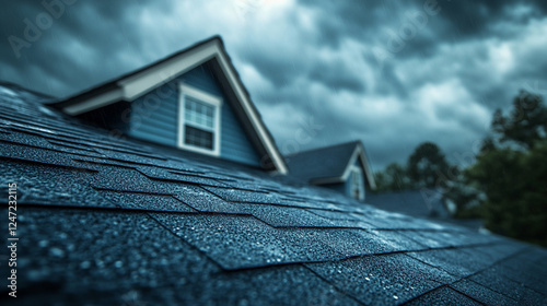 Close-up of hail damage on a shingle roof, causing severe leaks and rot, with rainwater seeping through and dark clouds overhead, creating a chaotic scene with an empty space for captions.

