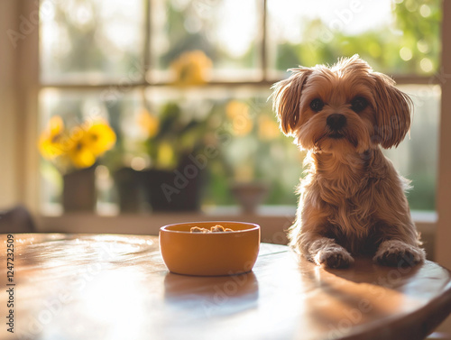 A dorable yorkie Ppuppy at mealtime photo