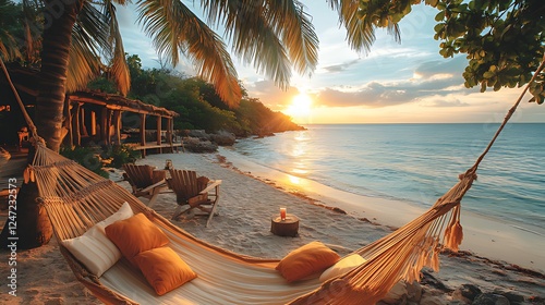 Tropical beach sunset hammock relaxation resort