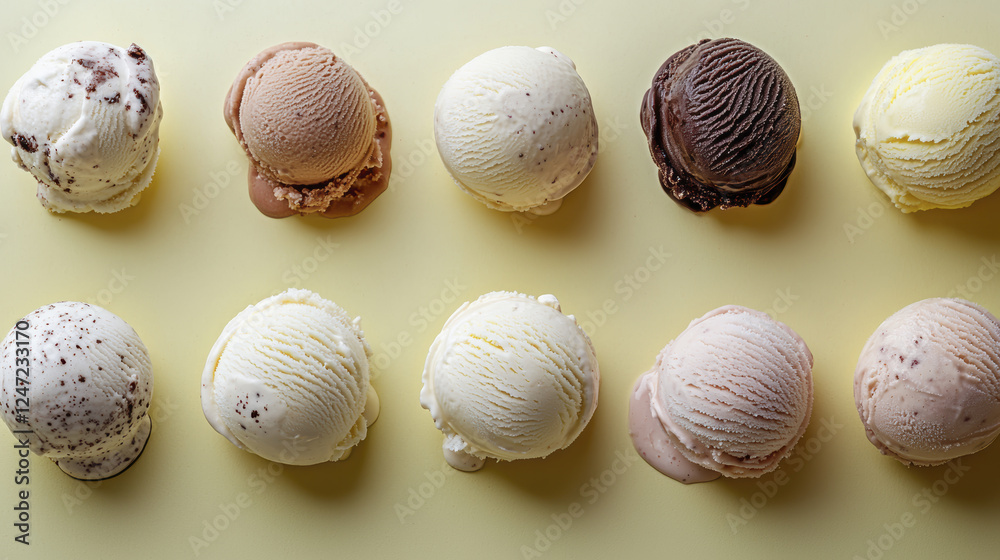 Delicious ice cream scoops in various flavors arranged neatly on yellow background, evoking sense of joy and indulgence Delicious ice cream scoops in various flavors arranged neatly on yellow background, evoking sense of joy and indulgence