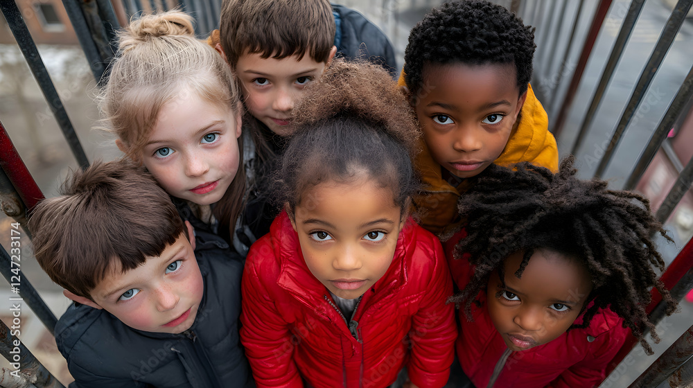 A group of children gathered on a playground, looking down into the camera while holding hands. The quiet moment contrasts with the urban setting A group of children gathered on a playground, looking down into the camera while holding hands. The quiet moment contrasts with the urban setting
