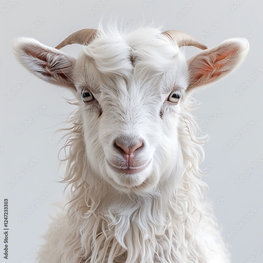 Young White Goat Portrait Staring Directly Forward with Soft Textured Fur and Small Horns Young White Goat Portrait Staring Directly Forward with Soft Textured Fur and Small Horns