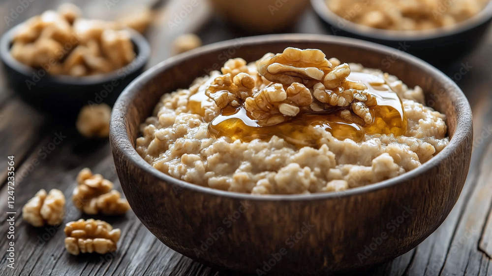 Rustic oatmeal bowl with walnuts and honey on weathered wooden table. Rustic oatmeal bowl with walnuts and honey on weathered wooden table.