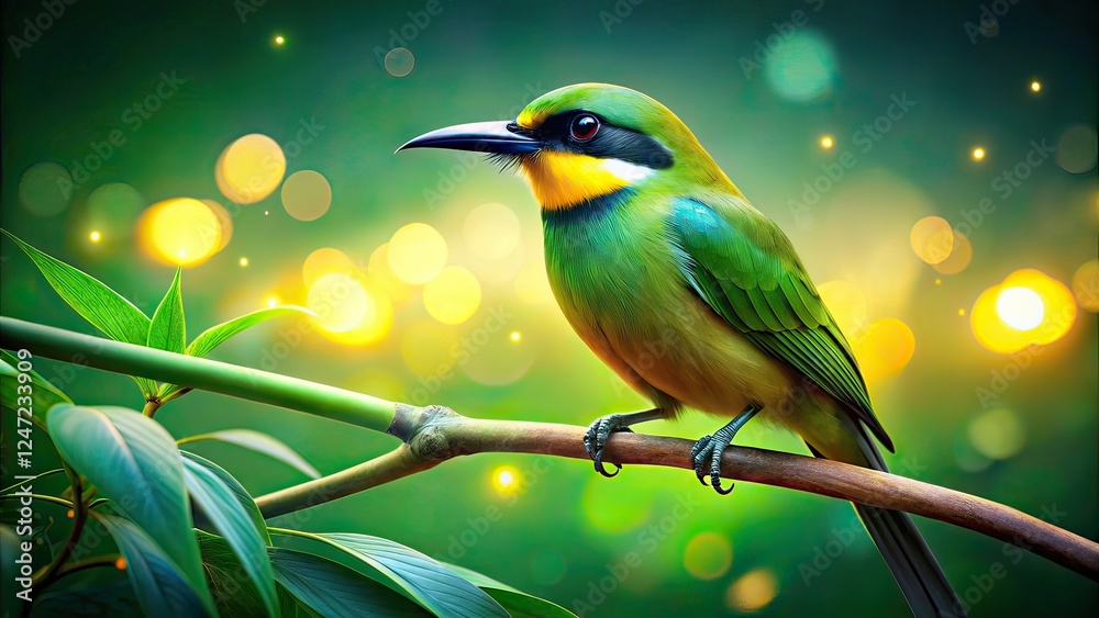 Obraz premium Vibrant Bird on Branch - Night Photography AI Art