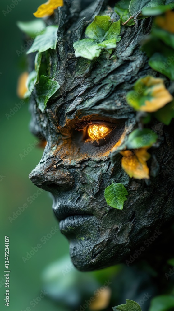 Obraz premium Autumn figure with glowing eyes and leaf accents captured in a natural setting