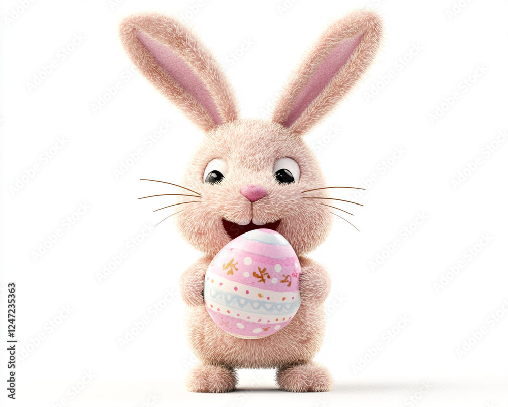 Fototapeta premium Adorable fluffy Easter bunny featuring friendly expression, soft pastel tones, symbolizing holiday joy, festive charm