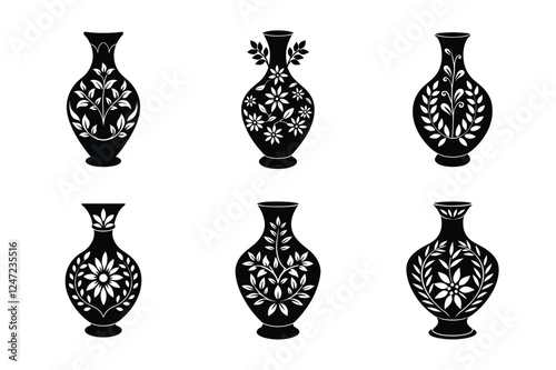 Elegant Decorative Vase Vector Set with Floral Patterns , Ornamental Silhouette Design for Art, Craft, and Home Decor Themes