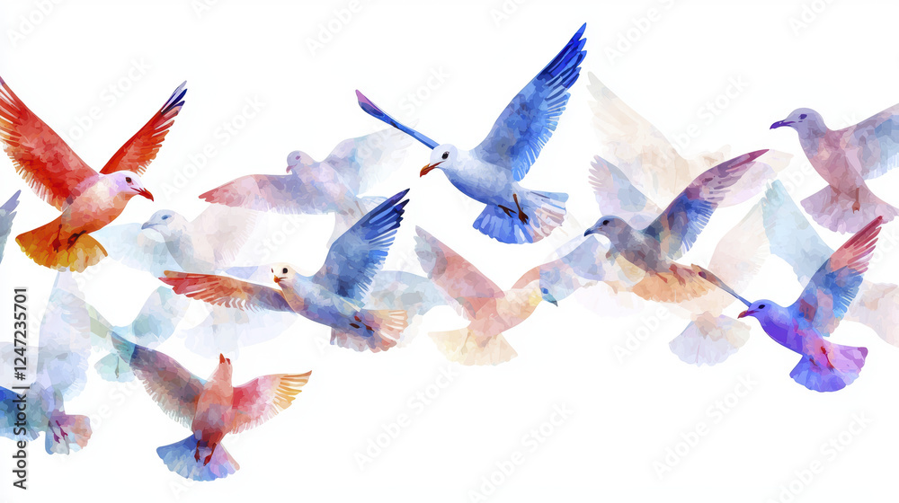 Fototapeta premium Colorful flock of seagulls flying in watercolor style, creating serene atmosphere