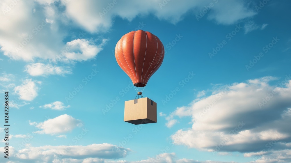 Fototapeta premium Red hot air balloon with cardboard box in blue sky, adventure and delivery concept