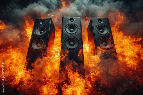 Dynamic Speakers Surrounded by Fiery Flames and Smoke Effects