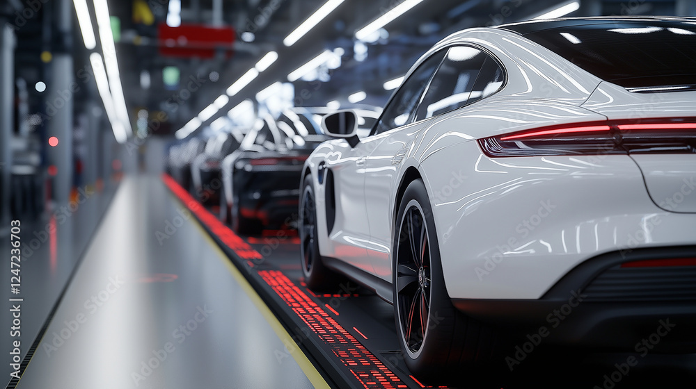 A quality control checkpoint within a modern car factory, where advanced sensors and AI-driven inspections ensure every vehicle meets safety standards. A quality control checkpoint within a modern car factory, where advanced sensors and AI-driven inspections ensure every vehicle meets safety standards.