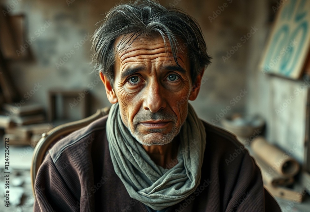 Seated male portrait with worn-out expression Seated male portrait with worn-out expression
