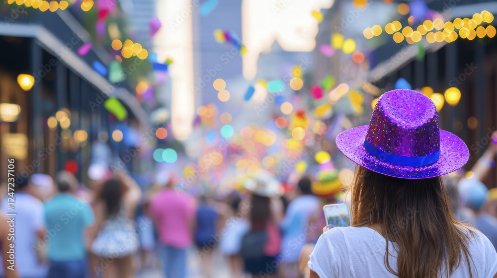 Obraz premium vibrant street scene during festive celebration, featuring colorful confetti and people enjoying atmosphere