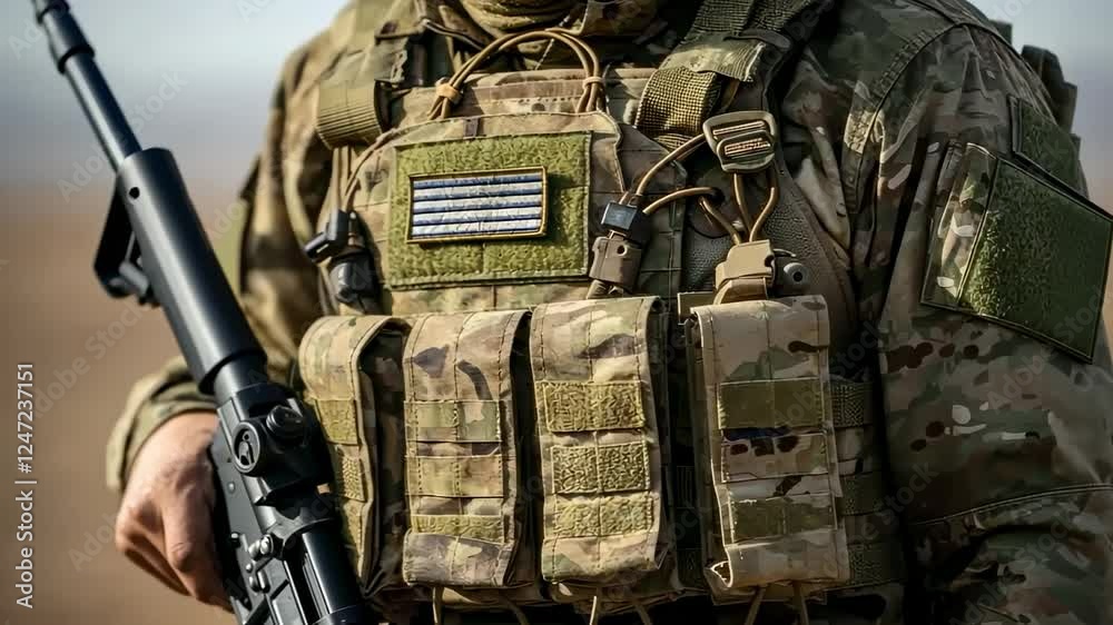 Soldier in tactical gear adjusts equipment outdoors with rifle in hand