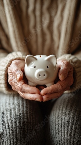 Elderly Woman Holding Piggy Bank for Savings and Financial Planning