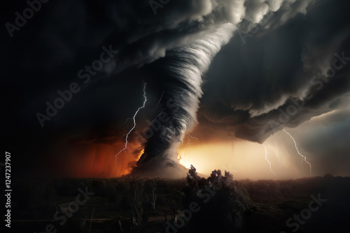 A Powerful Tornado Swirls Aggressively in a Dark Stormy Sky, Inducing Fear and Awe