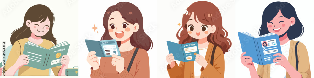 vector set of happy young women looking at savings book vector set of happy young women looking at savings book