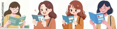 vector set of happy young women looking at savings book