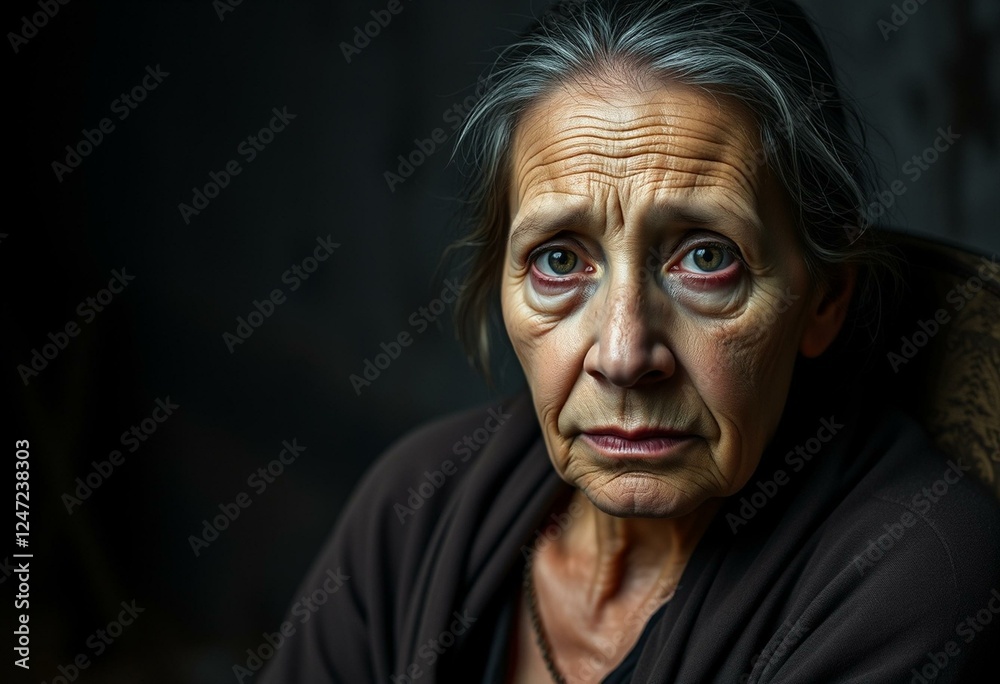 Portrayal of a poor woman in a dimly lit room Portrayal of a poor woman in a dimly lit room