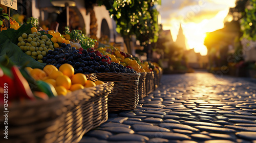 A charming farmerâs market at sunrise, where golden rays illuminate colorful piles of fresh fruits and vegetables in rustic wicker baskets. photo