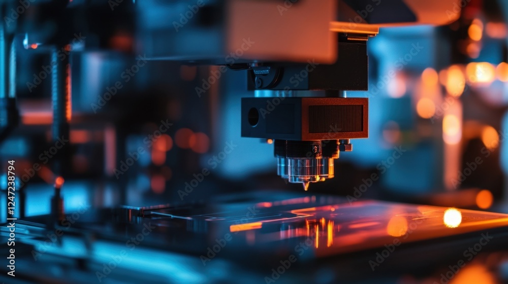 Close up of a high tech laboratory machine, showcasing precision engineering and advanced technology in scientific research. The equipment is illuminated by warm and cool lighting Close up of a high tech laboratory machine, showcasing precision engineering and advanced technology in scientific research. The equipment is illuminated by warm and cool lighting