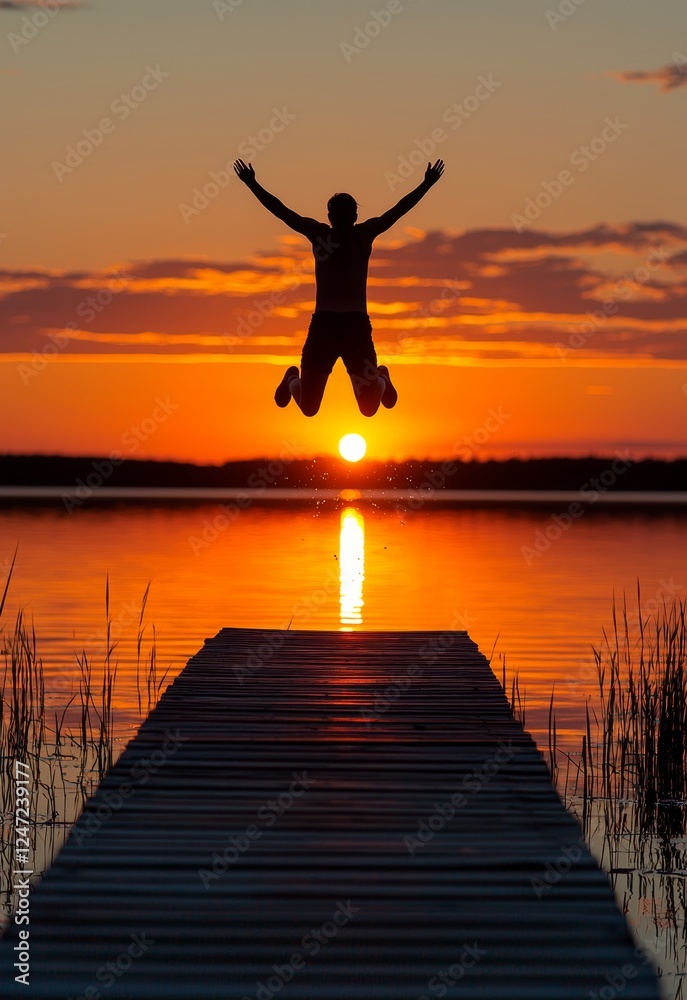 Fototapeta premium Person Jumping Off Dock into Sunset Over Calm Lake Water Reflection