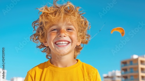 Happy boy beach sunny day kitesurfing background