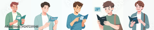happy young man vector set looking at savings book